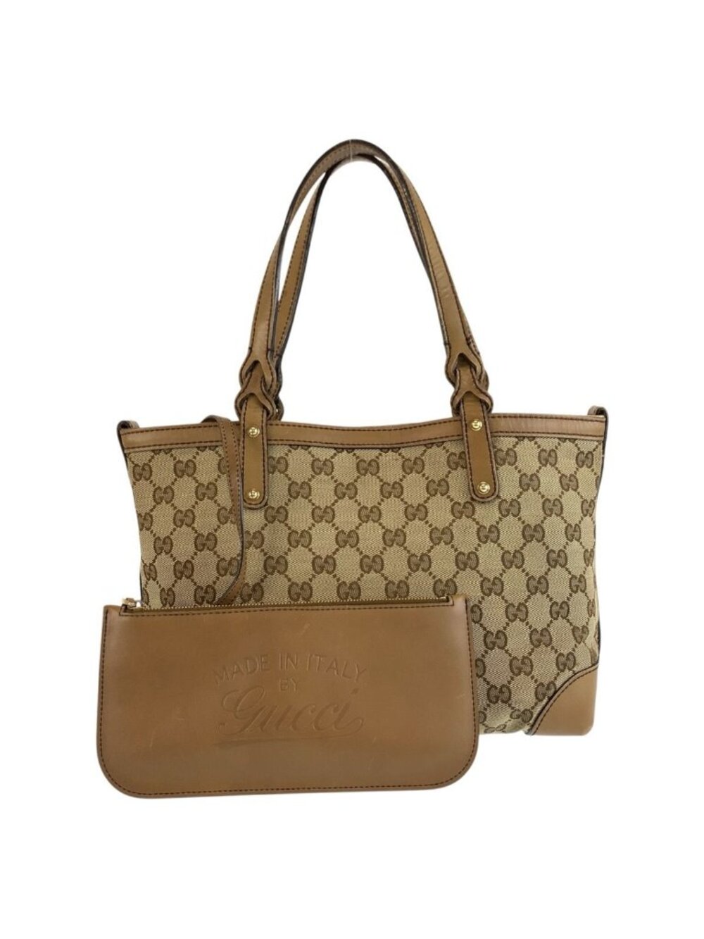 Gucci Brown Beige Gold GG Canvas Leather Tote Bag